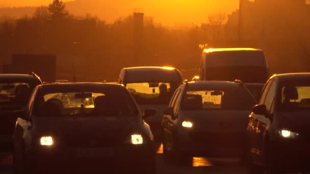Trzin Slovenya Ocak 2017 Yoğun Trafik Otoyol Çarpıcı Altın Işık — Stok video