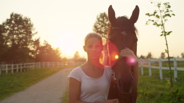 Slow Motion Close Dof Cheerful Young Blonde Girl Leading Her — Stock Video