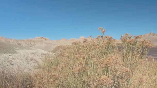 空旷的道路 穿过无尽的荒地景观与岩石砂岩形成 一条空荡荡的路穿过南达科塔的令人惊叹的荒地国家公园沙漠 — 图库视频影像