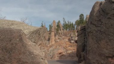 FPV, Close Up: iğneler, Güney Dakota üzerinde doğal dik virajlı dağ pass yolda sürüş. Erozyona uğramış granit sütunlar, kuleler ve kaya oluşumları Black Hills Ulusal ormanı içinde toplayan çarpıcı