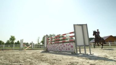 Ağır çekim, Close Up, düşük görüş açısı: kız güzel koyu kahverengi iğdiş edilmiş hayvan atlama show yarışmanın tesisi. Demiryolu vurma ve engel atlamak çalışırken başarısız büyük at