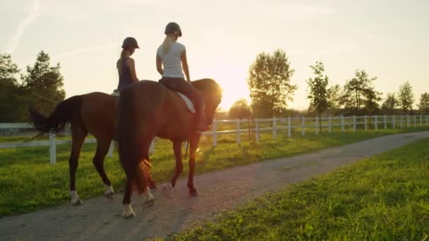 Low Motion Fechar Visão Traseira Duas Meninas Jovens Cavalo Montando — Vídeo de Stock