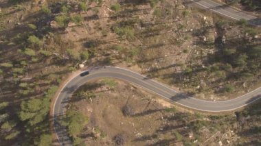 Hava: kıvrımı dönüş çam ormanı dolambaçlı dağ yolda güneşli günde Suv jeep araba. İnsanlar yolda ABD genelinde kırsal vahşi aracılığıyla curvy karayolu üzerinde seyahat gezi