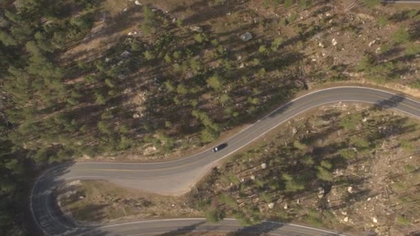 ヘアピンを介して駆動山から降りて空中の黒い Suv ジープ車はスイッチ バック ワインディング美しい松林の中に入れます 岩国で曲線高速道路の道路の旅の人々 — ストック動画