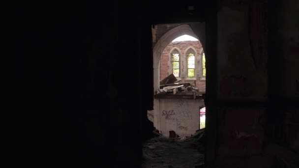 Pov Close Urbexing Spooky Abandoned God Forsaken City Methodist Church — Stock Video