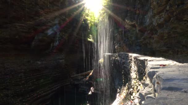 Sun Rays Illuminating Scenic Rocky Gorge Chasm Carved Stone River — Stock Video
