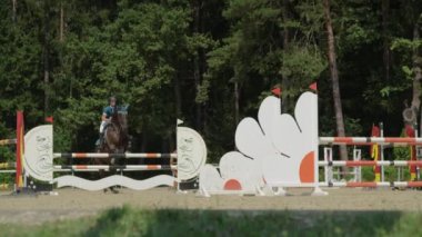 Ağır çekim, Close Up: Güzel koyu kahverengi ile at onun geri cesurca üzerinde dikey çitler parkour kursta açık sürme arenada atlama yarışma sırasında atlama üzerinde kadın binici