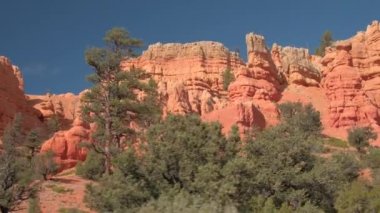 Yakın: Yüksek kırmızı rock kayalıklarla ve Hudu ayağı önünde inanılmaz Bryce Canyon Milli Parkı güneşli Utah, ABD. Kırmızı kum çöl ve kumtaşı erozyon oluşumları Bryce Np arasında sürüş