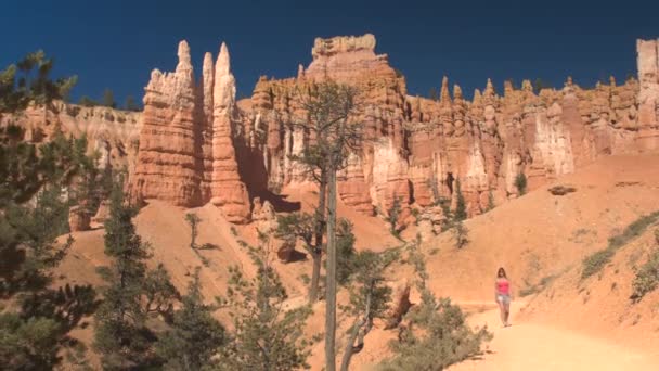 Junge Wanderin Die Auf Dem Leeren Schmalen Pfad Majestätische Hoodoo — Stockvideo