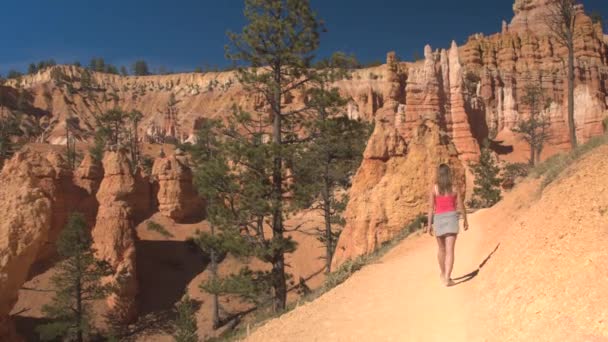 Jovem Viajante Caminhando Longo Caminho Empoeirado Explorando Formações Arenito Hoodoo — Vídeo de Stock