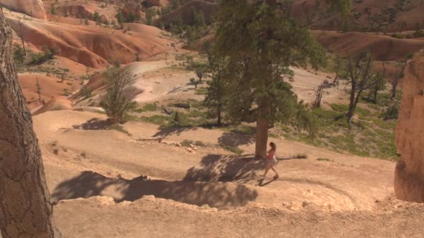 Unrecognizable Woman Hiker Walking Switchback Path Exploring Majestic Hoodoo Formations — Stock Video