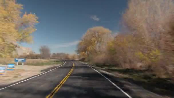 Highway Curving Mountainous Landscape Covered Vast Autumn Foliage Forest Sunny — Stock Video