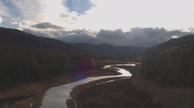 Hava: çam ağaçları altında görkemli Rocky Dağları, Wyoming, Amerika Birleşik Devletleri ile güzel Nehri Vadisi üzerinde uçan. Soğuk Nehri akış yalak büyük dağ Vadisi güzel kırsal kesimde eğme