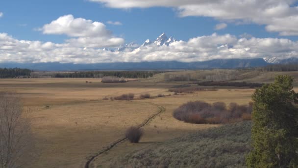 Aerial Voando Sobre Campos Prados Pitorescos Direção Deslumbrantes Montanhas Rochosas — Vídeo de Stock