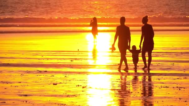 Movimiento Lento Cerrar Silhouette Joven Familia Con Niño Pequeño Caminando — Vídeos de Stock