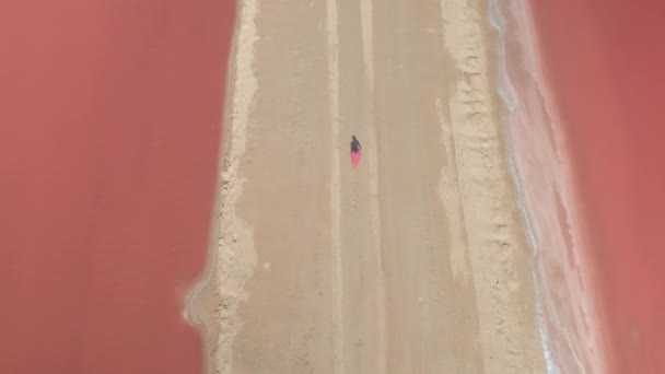 Aerial Close Unrecognizable Female Walking Sandy Levee Surrounded Gorgeous Orange — Stock Video