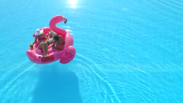 Aerial Jovem Casal Bebendo Coquetéis Relaxando Enquanto Deitado Flutuação Flamingo — Vídeo de Stock