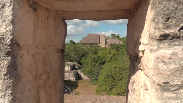 のバラム遺跡で印象的なマヤ石造り都市を明らかに 寺とメキシコのトゥルムでアクロポリスの壮大な遺跡を訪れる観光客 ジャングルの中で古代マヤの村の遺跡 — ストック動画