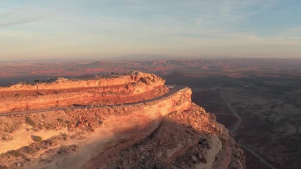 Aerial Cars Driving Sharp Bend Hairpin Gravel Road Climbing Dusty — Stock Video