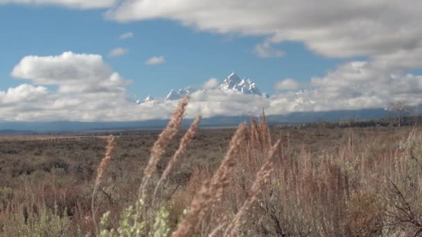 Κοντινό Πλάνο Μαγευτικό Grand Teton Βουνό Αύξηση Πάνω Από Ομιχλώδες — Αρχείο Βίντεο