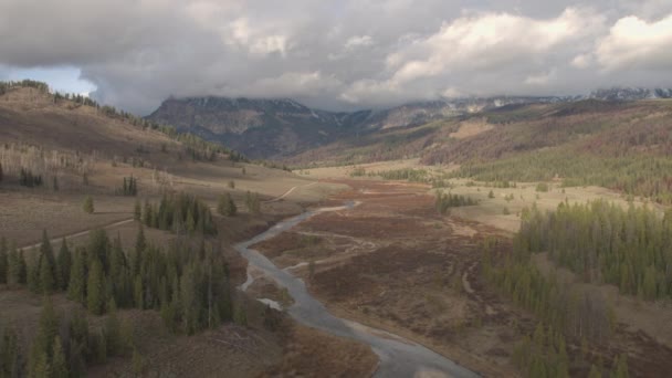 AÉRIAL : Voler au-dessus de la belle vallée fluviale avec des pins et des montagnes Rocheuses majestueuses dans le Wyoming, États-Unis. Chemin de gravier droit menant vers les montagnes Grand Teton en automne ensoleillé 