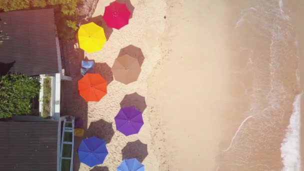 空中顶部 彩虹颜色的寄生虫和空白色沙滩上的豆袋椅 海滨度假屋在阳光明媚的巴厘岛 海浪在海滨飞溅 点缀着五颜六色的雨伞 — 图库视频影像