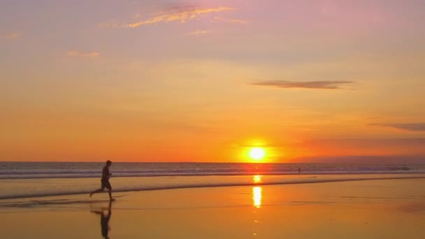 慢动作 镜头耀斑 年轻人赤脚在潮湿的沙滩上奔跑 在戏剧性的金色日落时溅起水滴 阳光明媚的夏夜 男子沿着风景秀丽的海滨慢跑 — 图库视频影像