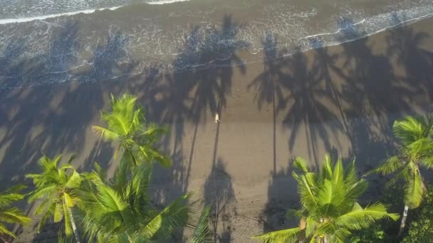 Aerial Mujer Joven Vestido Amarillo Caminando Largo Playa Arena Volcánica — Vídeos de Stock