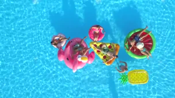 하향식 친구와 수영장에서 튜브에 공을가지고 파인애플 플라밍고 도넛형 수레에 즐기는 — 비디오