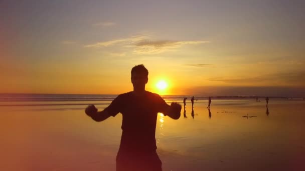 Slow Motion Close Lens Flare Excited Young Man Cheering Arms — Stock Video