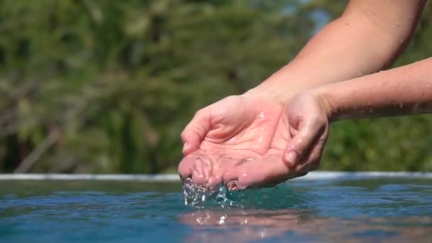 Slow Motion Close Caucasian Female Hands Playing Water Catching Fingers — Stock Video