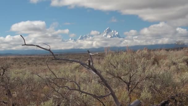 Close Majestic Grand Teton Mountains Raising Foggy Clouds Dry Jackson — Stock Video