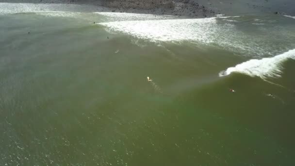 AÉRIAL : Voler au-dessus de surfspot bondé sur l'île ensoleillée de Bali. Les gens en vacances d'été attendent en ligne, flottant sur l'eau brune sale. Surfeur attraper et monter briser la vague de houle d'eau vive mousseuse 
