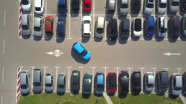 空中トップダウン タイムラプス 大きな混雑した駐車場の駐車スペースに車を駐車することができない悪いドライバー 女性は 駐車場に車を駐車することができない 問題を抱えている 駐車スペースの駐車が失敗する — ストック動画