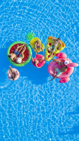 Aerial Top Copy Space Fit Girls Guys Lying Colorful Floaties — Photo