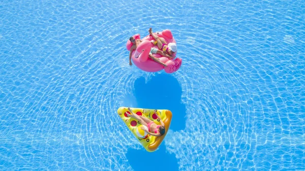 Aerial Close Beautiful Couple Fit Girl Lying Fun Colorful Inflatable — Stock Photo, Image