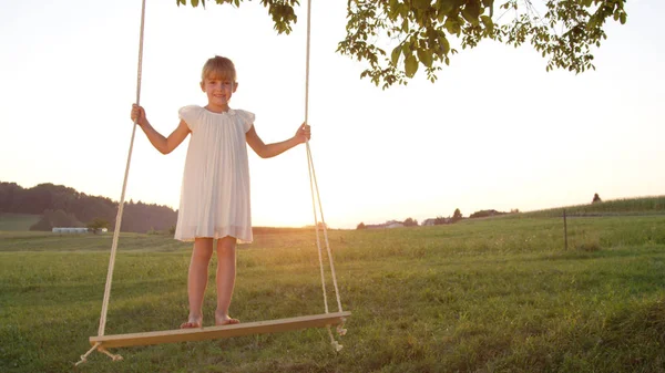 Copy Space Smiling Young Girl Standing Wooden Swing Posing Camera — Stock Photo, Image