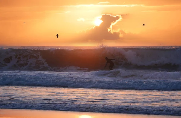 Silhouette Surfer Riding Waves Surfboard Late Evening Golden Sunset Sun — Stock Photo, Image