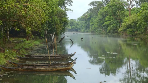 Solitarios Barcos Madera Flotan Oscuro Río Que Atraviesa Tranquilo Bosque — Foto de Stock