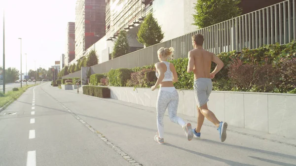 Couple Bonds While Jogging Affluent Neighborhood Sunny Spring Afternoon Caucasian — Stock Photo, Image