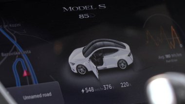 Tesla özerk araba-10 Temmuz 2016: Yenilikçi araç teknoloji Tesla Model S. kontrol paneli ekranında gösterilen pil durumu, ortalama tüketim, gerilim ve takılı iken göster
