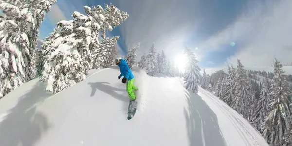 360 Surcapture Freeride Snowboarder Chevauchant Neige Poudreuse Fraîche Dans Forêt — Photo