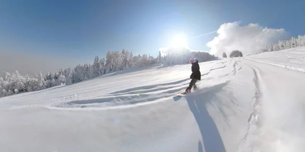 360 Overcapture Lens Flare Freeride Snowboard Girl Riding Powder Snow — Foto de Stock