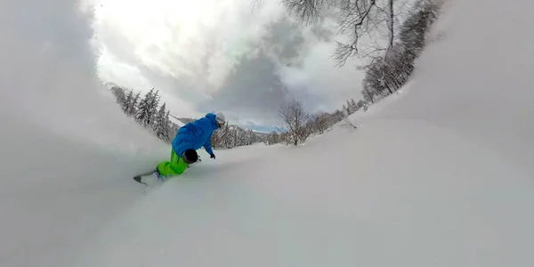 360 Descripción Freeride Snowboarder Guy Riding Powder Snow Snowy Mountain — Foto de Stock