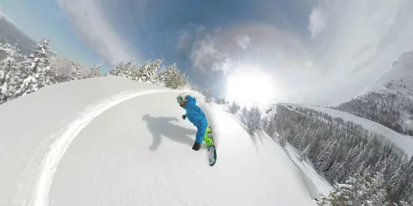 360 Overcapture Stylové Mužské Freeride Snowboardy Čerstvý Prašan Extrémní Snowboardista — Stock fotografie