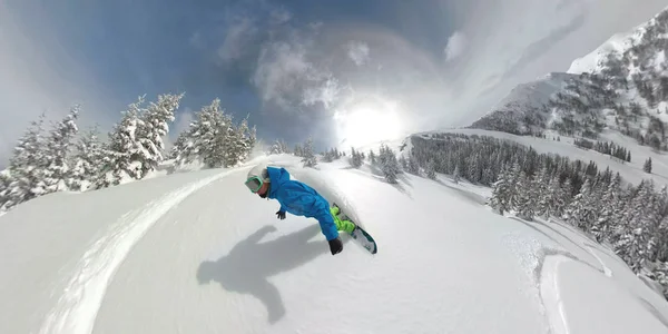 360 Overcapture Приголомшливий Про Сноубордист Чувак Їде Свіжим Снігом Схилу — стокове фото