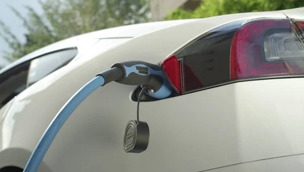 Yakın: pil hücre evde bahçede şarj lüks Tesla elektrikli araba. Pahalı beyaz elektrikli araba şarj. Çevreye duyarlı ulaşım araç takılı, tekrar su doldurma ișlemi