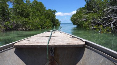 POV: zümrüt renkli kanal aracılığıyla ahşap tekne güneşli egzotik adada kullanıyormuş. Pitoresk tropikal yeşil güzel kanal Vanuatu yakınındaki geniş açık denizlere doğru küçük tekne lider çevreleyen.