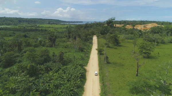 Aerial White Van Drives Tropical Dirt Road Busy Gravel Pit — Stock Photo, Image