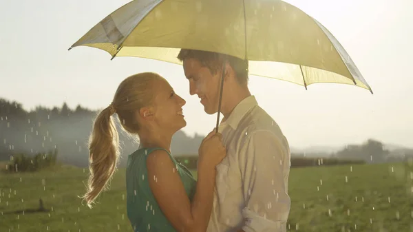 Close Young Caucasian Couple Love Stand Embraced Picturesque Spring Nature — Stock Photo, Image